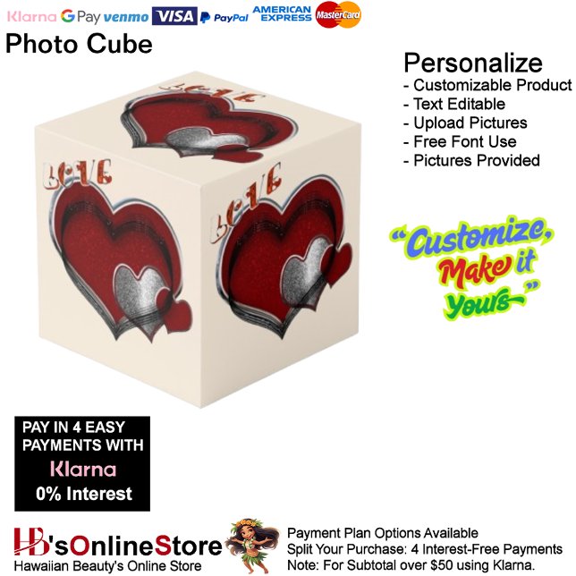 Cubo fotográfico Heart Magic Beige (Love Heart Red Silver with Beige Background Cube.)