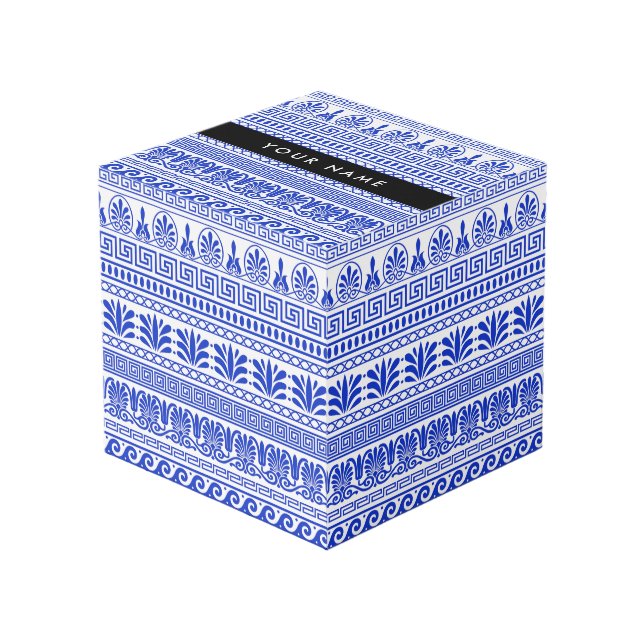 Cubo Fret griego, llave de meandro mixta, azul, tu nomb (Angulo Anverso)