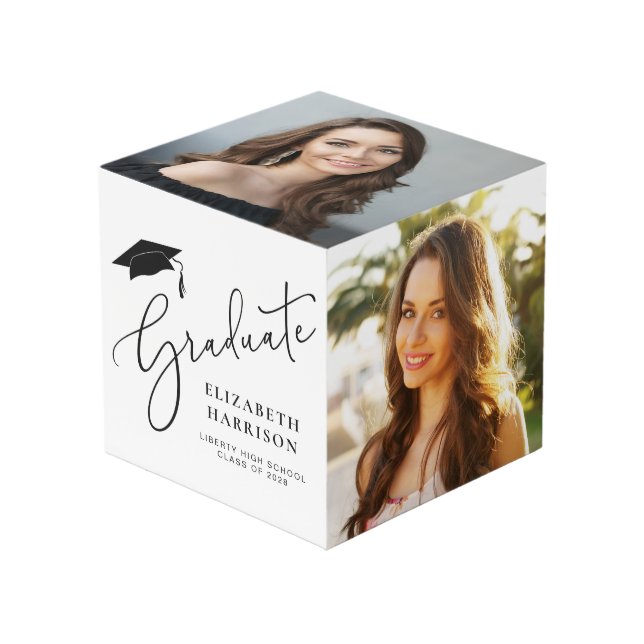 Cubo Graduación Elegante Script 4 Photo Keepsake (Angulo Anverso)