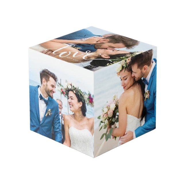 Cubo LOVE White Script Boda Keepsake (Angulo Anverso)