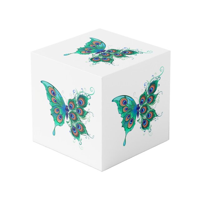 Cubo Mariposa con plumas de pavo real verde (Angulo Anverso)