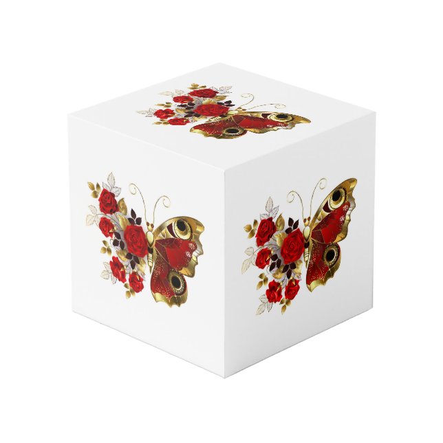 Cubo Mariposa de flor roja con rosas rojas (Angulo Anverso)