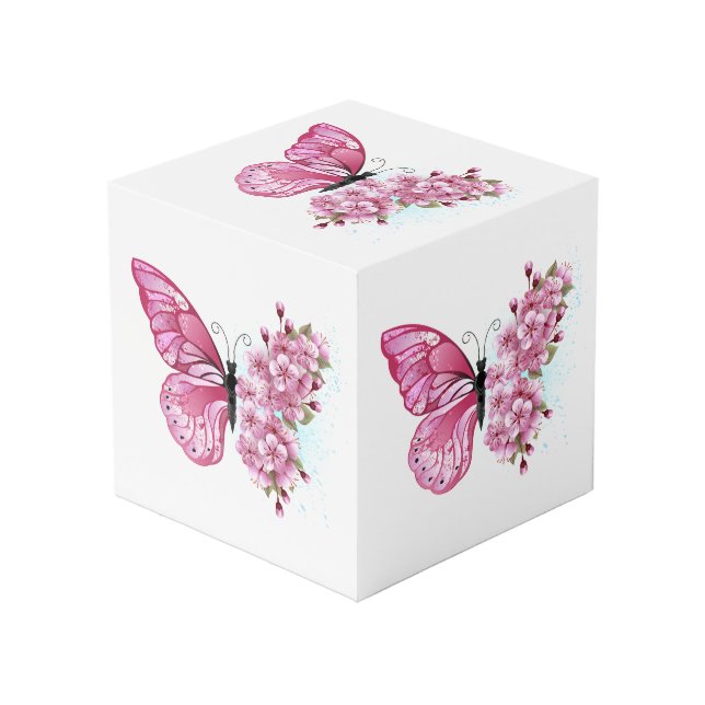 Cubo Mariposa de flores con Sakura rosa (Angulo Anverso)