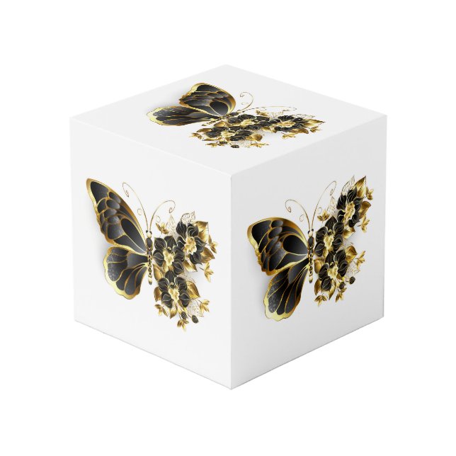 Cubo Mariposa de flores de oro con orquídea negra (Angulo Anverso)