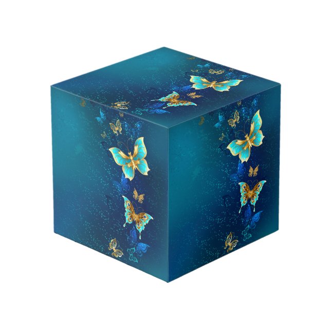 Cubo Mariposas doradas sobre fondo azul (Angulo Anverso)