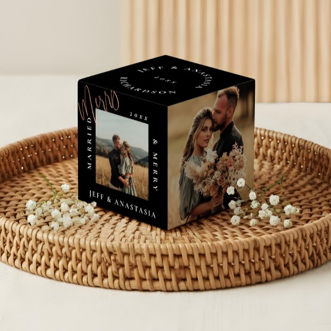 Cubo Mínimo Moderno, Casado y Merry Gold Script (Minimal Modern Married & Merry Gold Script Cube)