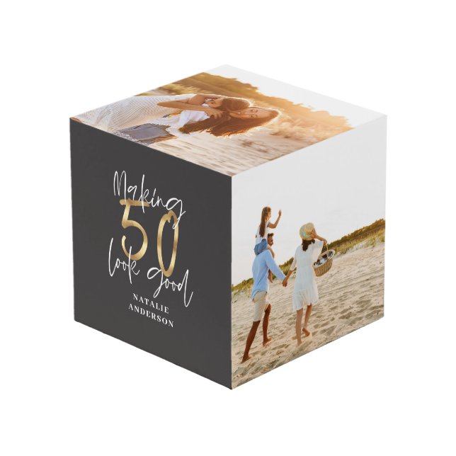 Cubo moderna tipografía oro negro 50 años (Angulo Anverso)