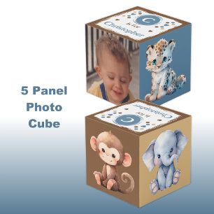 Cubo Nombre de foto de animal lindo para guardería azul