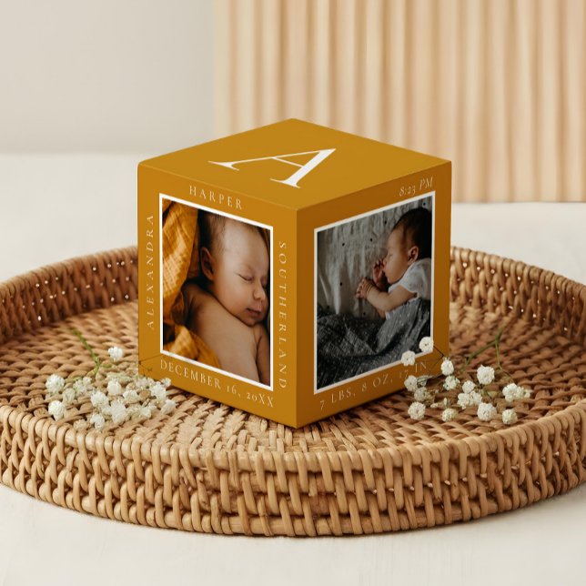 Cubo Nombre mínimo del bebé y estadísticas de nacimient (Minimal Baby Name & Birth Stats Photo Keepsake Cube)