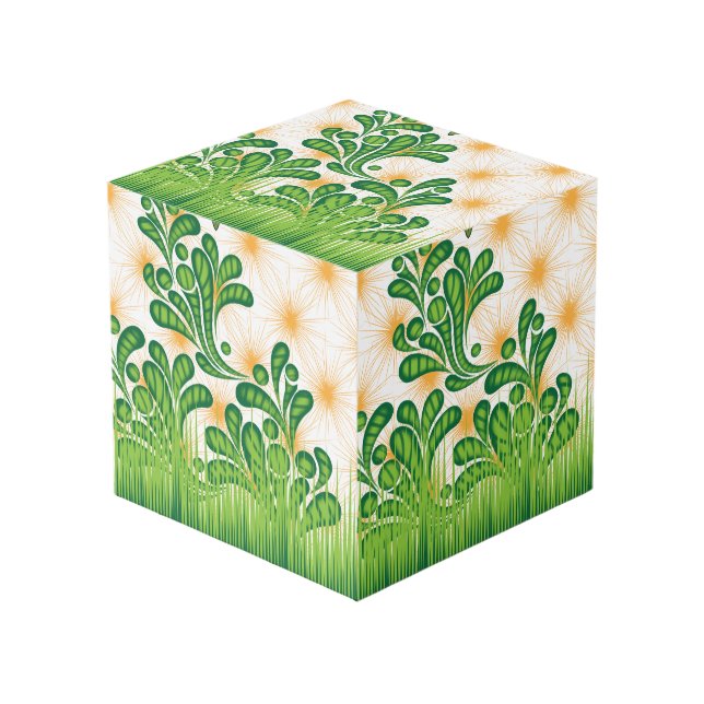 Cubo Patrón artístico verde y dorado que representa un  (Angulo Anverso)