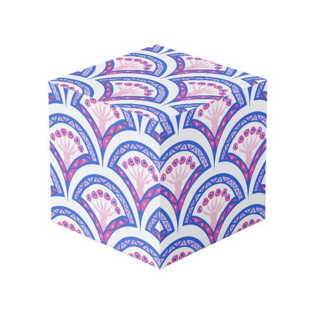 Cubo patrón de damasco floral azul (Angulo Anverso)