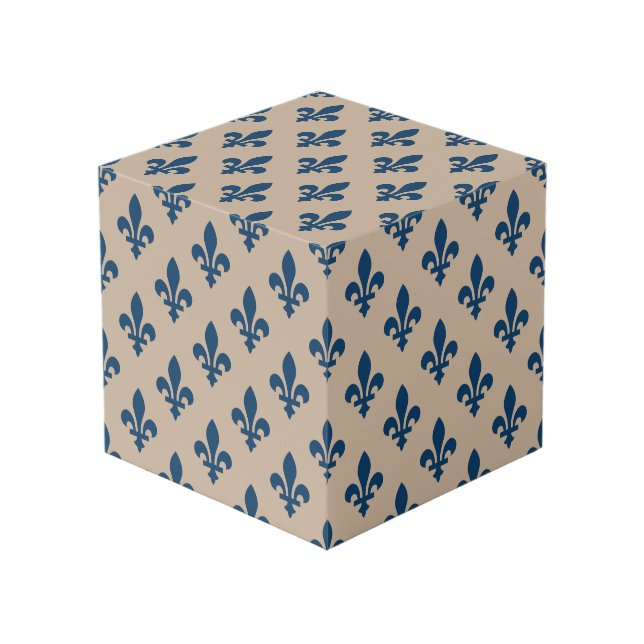 Cubo Patrón Fleur de Lis, azul francés real en crema (Angulo Anverso)