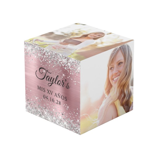 Cubo Purpurina plateado Relieve metalizado rosa ligero  (Angulo Anverso)