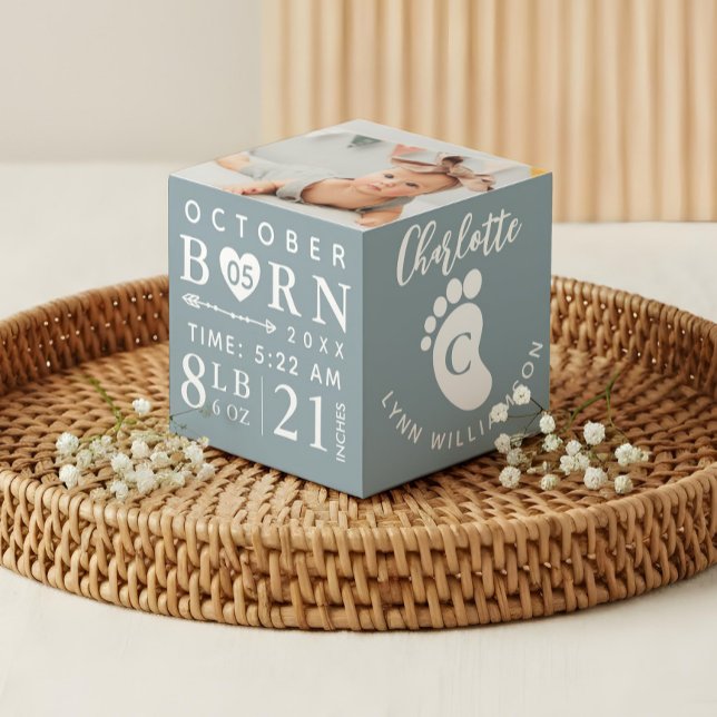 Cubo Recuerdo de foto de bebé y estadísticas de nacimie (Baby Photo Keepsake & Birth Stats Blue Monogram Cube)