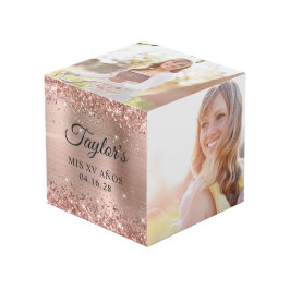 Cubo Rosa Purpurinoso Relieve metalizado dorado Mis XV