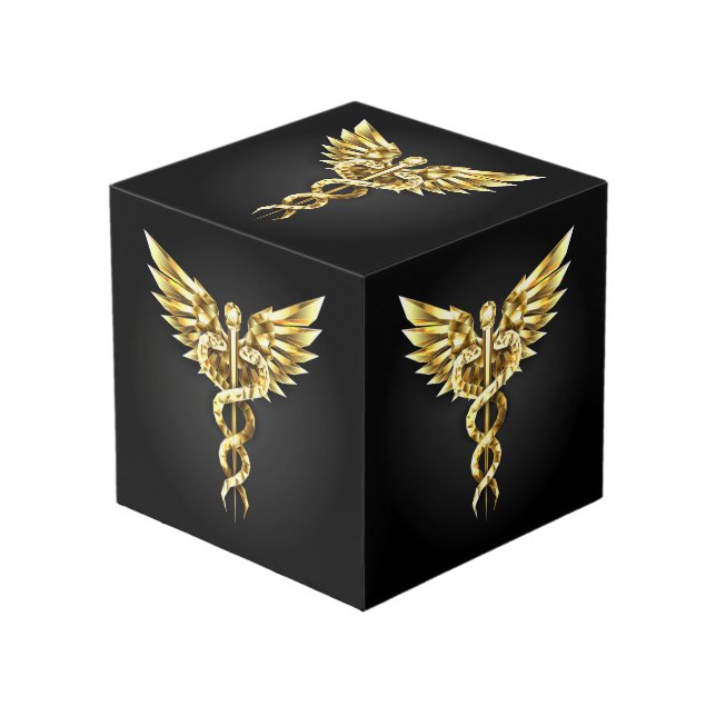 Cubo Símbolo de caduceo poligonal dorado (Angulo Anverso)