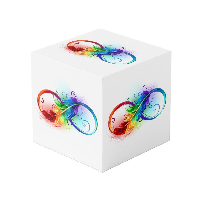 Cubo Símbolo infinito con plumas arcoiris (Angulo Anverso)