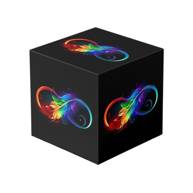 Cubo Símbolo infinito con plumas arcoiris (Angulo Anverso)