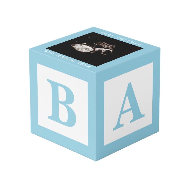 Cubo Sonograma de bloqueo de bebé azul Embarazo Keepsak (Angulo Anverso)