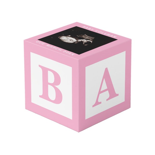 Cubo Sonograma de bloqueo de bebé rosa Embarazo Keepsak (Angulo Anverso)