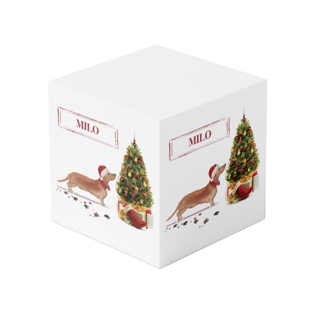Cubo Tan Dachshund graciosos Navidades perro con árbol (Angulo reverso)