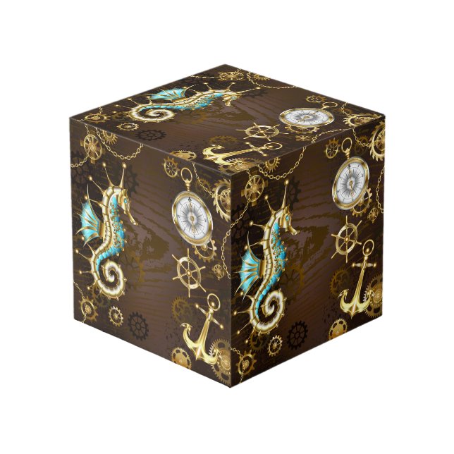 Cubo Wooden Background with Mechanical Seahorse (Angulo Anverso)
