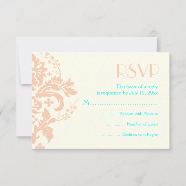 Cuchara de damask, aqua, tarjeta de respuesta RSVP (Anverso)