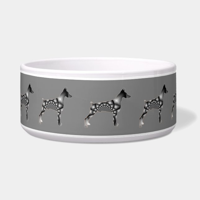 Cuenco gris del perro del Pinscher del Doberman (Frente)