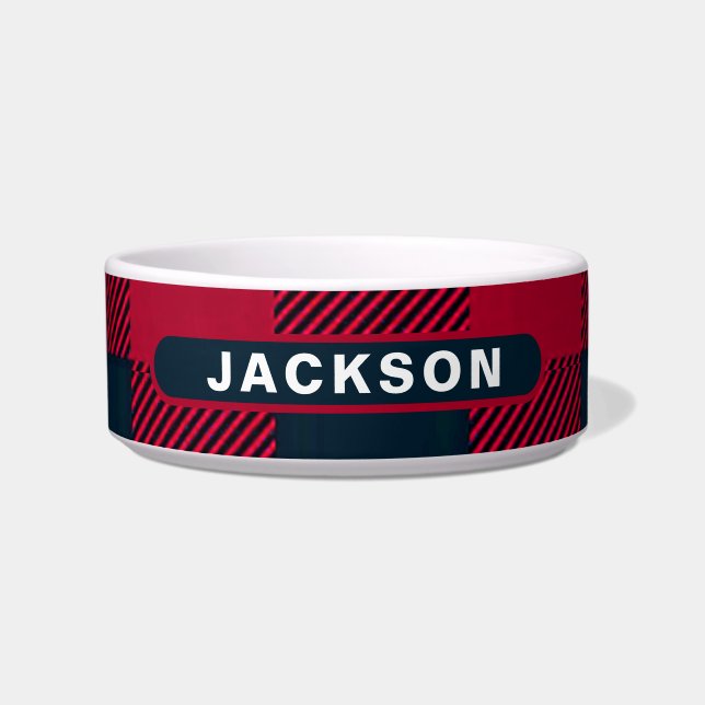 Cuenco personalizado para perro con cuadros rojos  (Frente)