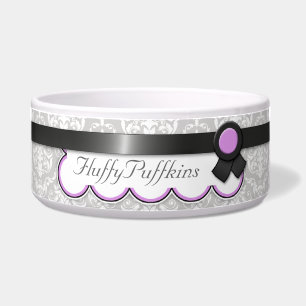 Cuenco púrpura y gris del perro del damasco del