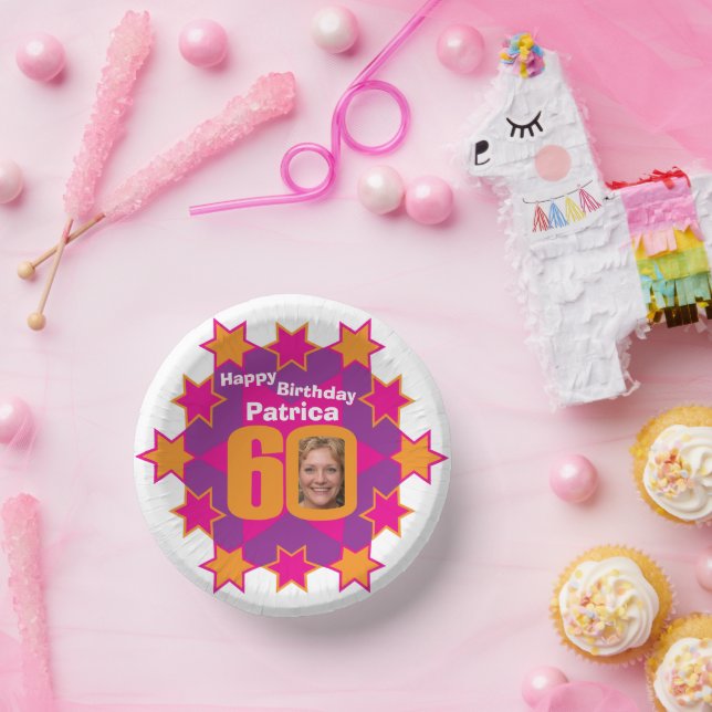 Cuencos De Papel 60.ª foto de cumpleaños y nombre estrella rosa (Fiesta)