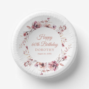 Cuencos De Papel 60.º cumpleaños Floral rosa borgoñona personalizad