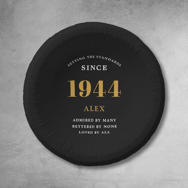 Cuencos De Papel 80.º Nombramiento de cumpleaños 1944 Moda elegante (1944 Setting The Standards Paper Bowls: 80th Birthday Customizable Black Gold Elegant Chic Dining.)