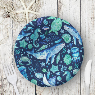 Cuencos De Papel Acuarela bajo el mar Océanos animales azul marina