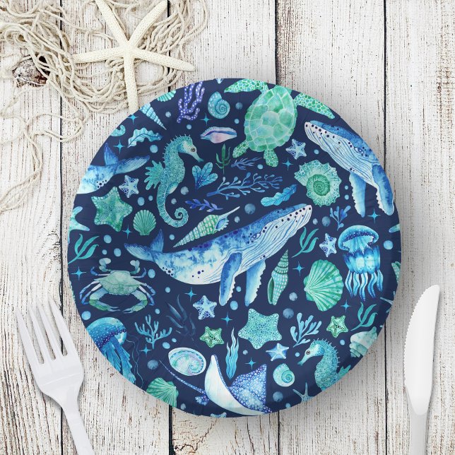 Cuencos De Papel Acuarela bajo el mar Océanos animales azul marina (Watercolor Under the Sea Ocean Animals Navy Blue Paper Bowls)