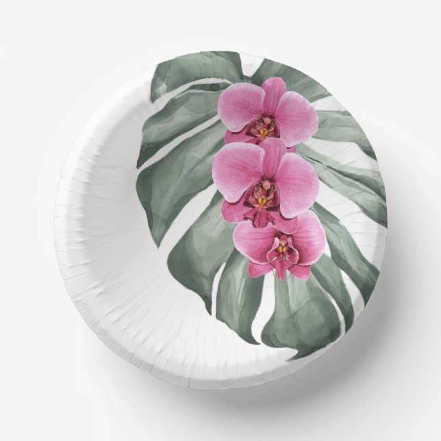 Cuencos De Papel Acuarela tropical exótica orquídeas rosadas calien (Anverso)