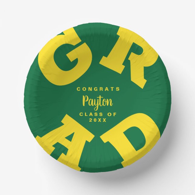 Cuencos De Papel Amarillo personalizado sobre graduación verde (Anverso)