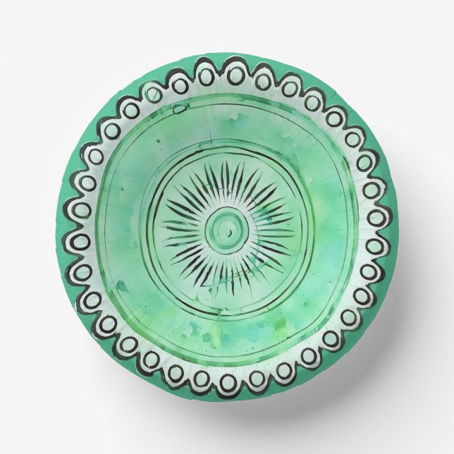 Cuencos De Papel Antiguo Glass Green Sunburst Faux China (Anverso)