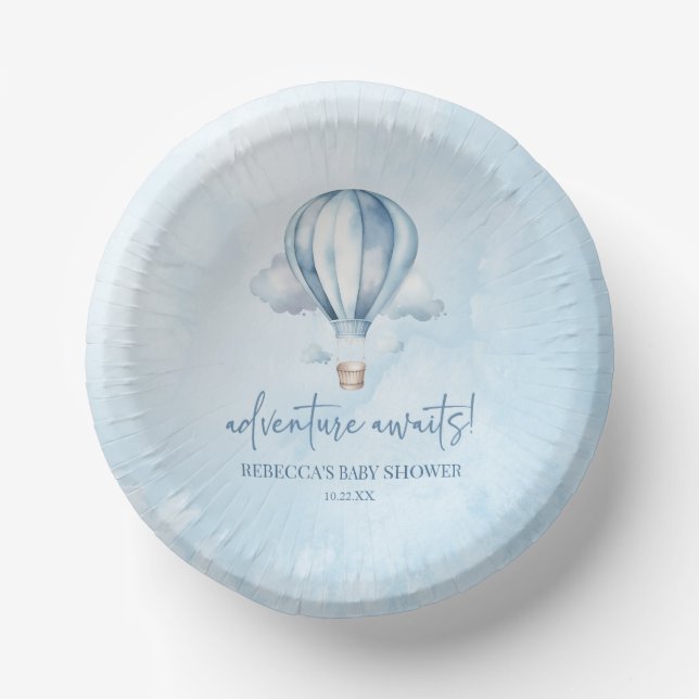 Cuencos De Papel ¡Aventura espera! Baby Shower Blue Hot Air Balloon (Anverso)