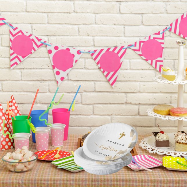 Cuencos De Papel Baptismo eucalipto blanco dorado elegante (Subido por el creador)