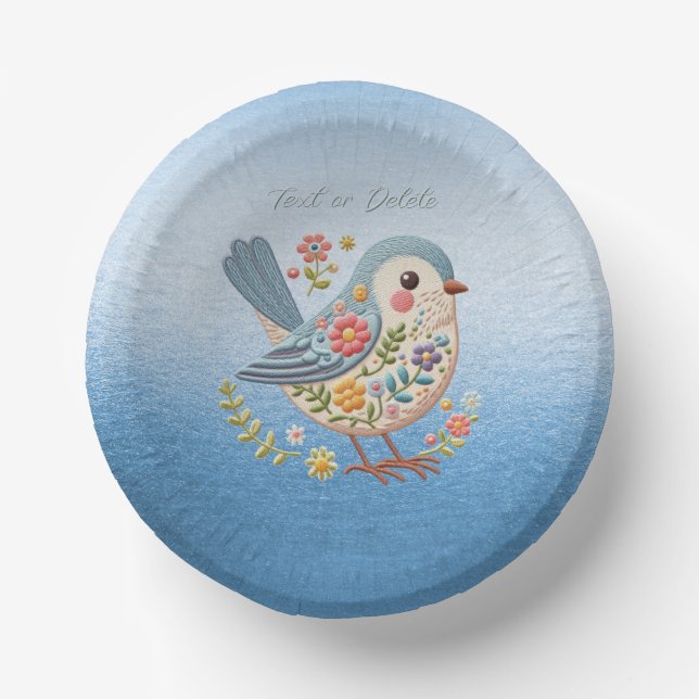 Cuencos De Papel Bird Floral Embroidery Blue Paper Bowl (Anverso)