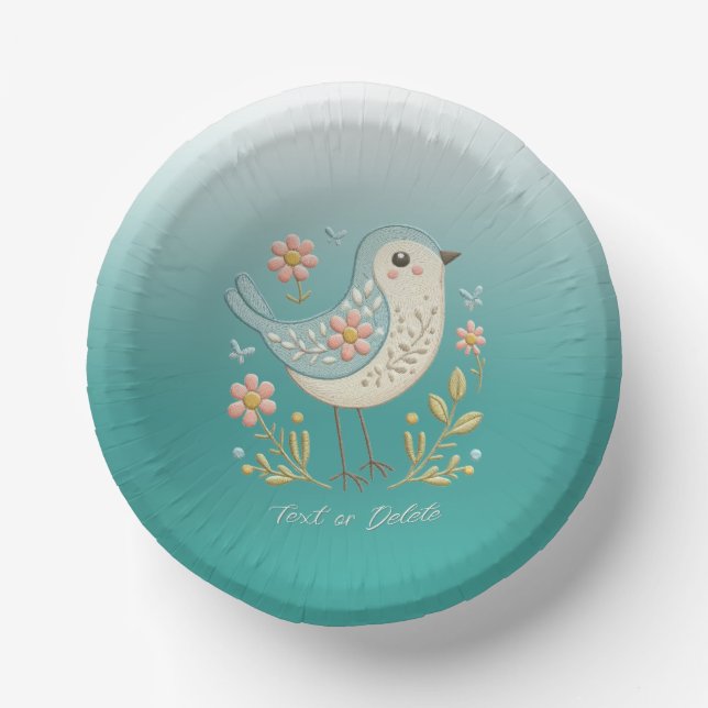 Cuencos De Papel Bird Floral Embroidery Green Paper Bowl (Anverso)