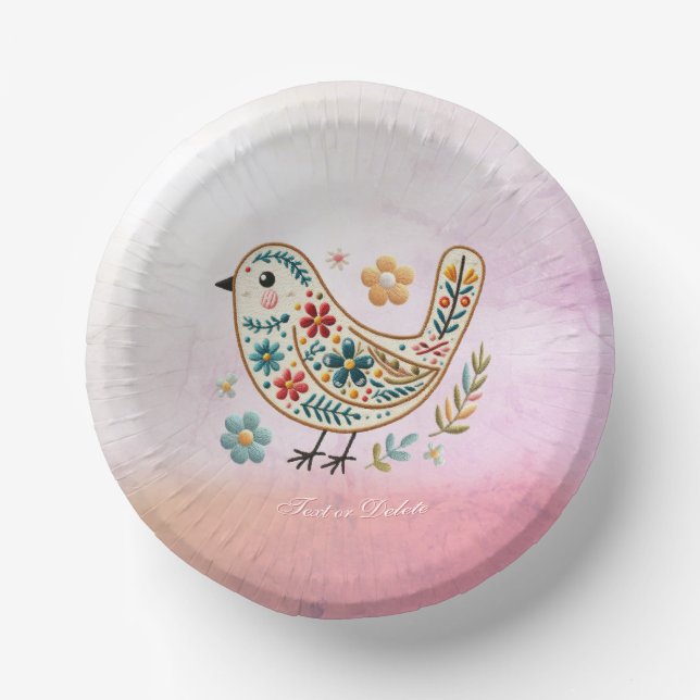 Cuencos De Papel Bird Floral Embroidery Pink Paper Bowl (Anverso)
