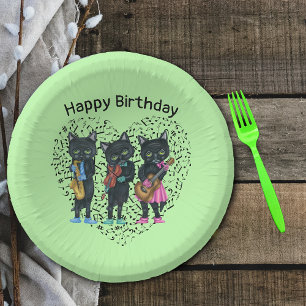 Cuencos De Papel Black Cats Playing Music Green Heart Musical Notes
