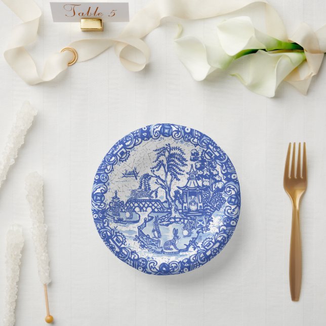 Cuencos De Papel Blue Willow Rabbit Classic Whimsical Pottery (Boda)