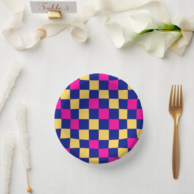 Cuencos De Papel Blue Yellow Pink Checkered Pattern Design  (Boda)