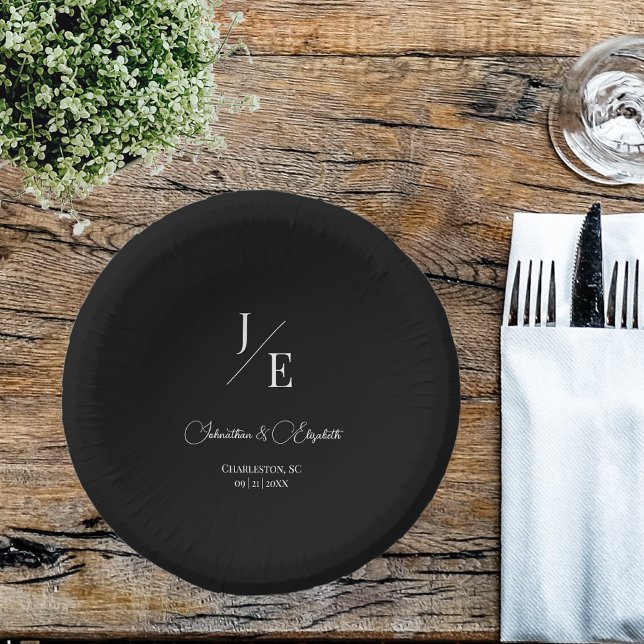 Cuencos De Papel Boda de monograma minimalista | Negro (Black Minimalist Monogram Wedding Paper Bowls)