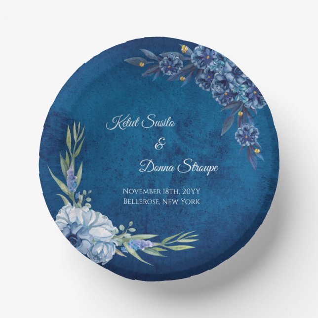 Cuencos De Papel Boda floral elegante de verano azul (Anverso)