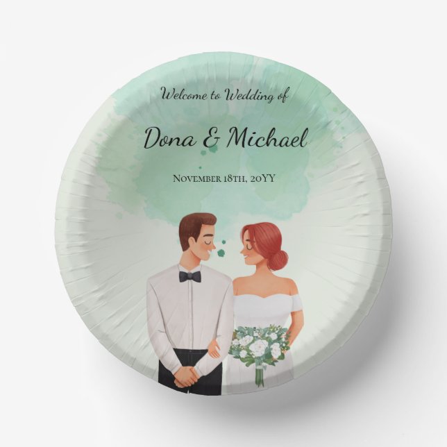 Cuencos De Papel Boda fluida con acuarela verde personalizada (Anverso)