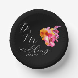 Cuencos De Papel Boda Monograma Acuarela Floral Brillante Negra